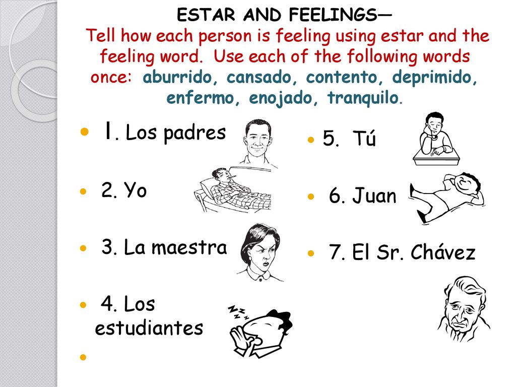 1. Los padres 5. Tú 2. Yo 6. Juan 3. La maestra 7. El Sr. Chávez