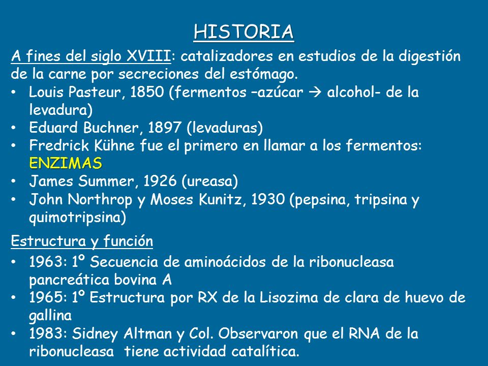 HISTORIA A fines del siglo XVIII: catalizadores en estudios de la digestión de la carne por secreciones del estómago.