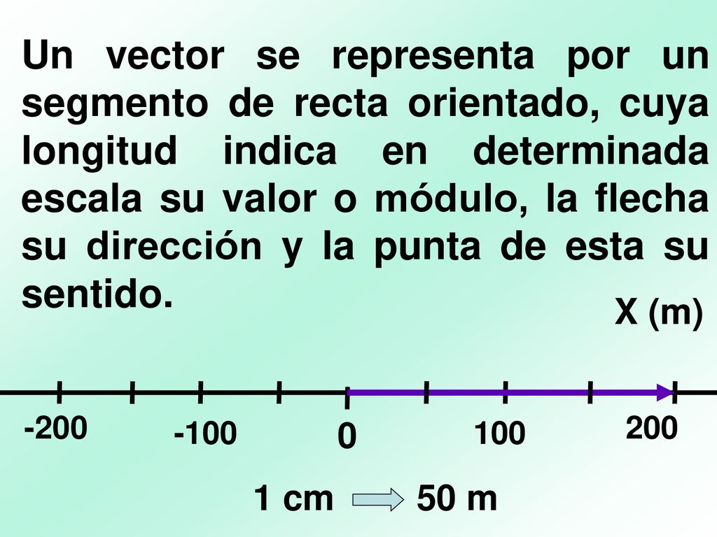 Un vector se representa por un segmento de recta orientado, cuya longitud indica en determinada escala su valor o módulo, la flecha su dirección y la punta de esta su sentido.