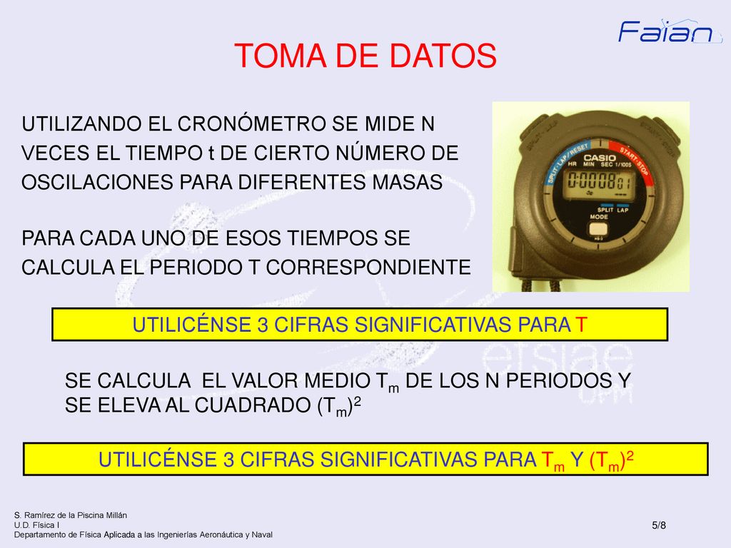 TOMA DE DATOS UTILIZANDO EL CRONÓMETRO SE MIDE N VECES EL TIEMPO t DE CIERTO NÚMERO DE OSCILACIONES PARA DIFERENTES MASAS.