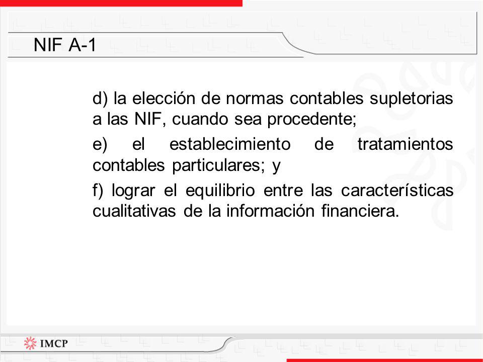NIF A-1 d) la elección de normas contables supletorias a las NIF, cuando sea procedente;