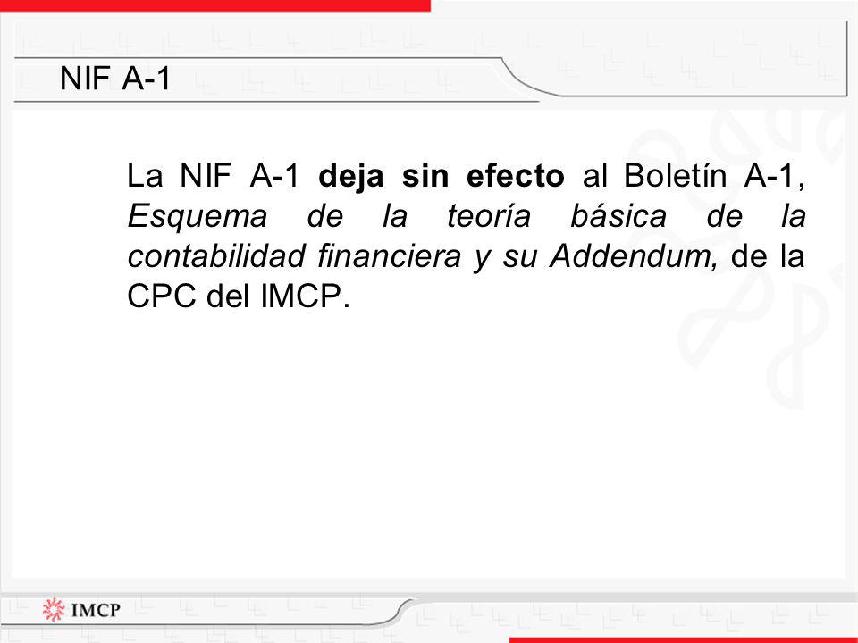 NIF A-1 La NIF A-1 deja sin efecto al Boletín A-1, Esquema de la teoría básica de la contabilidad financiera y su Addendum, de la CPC del IMCP.
