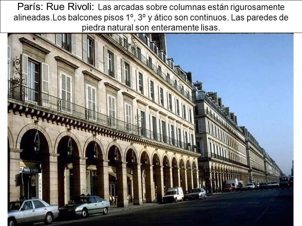 París: Rue Rivoli: Las arcadas sobre columnas están rigurosamente alineadas.Los balcones pisos 1º, 3º y ático son continuos.
