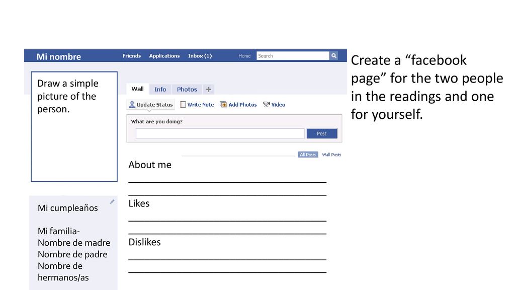 Mi nombre Create a facebook page for the two people in the readings and one for yourself. Draw a simple picture of the person.