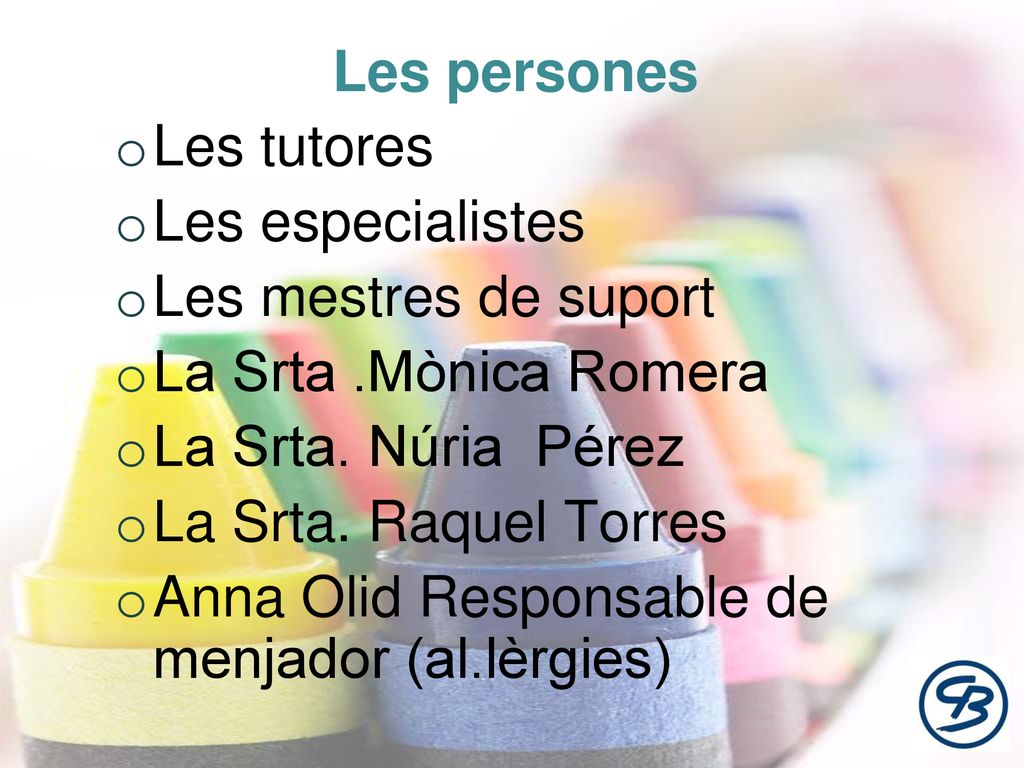Les persones Les tutores. Les especialistes. Les mestres de suport. La Srta .Mònica Romera. La Srta. Núria Pérez.