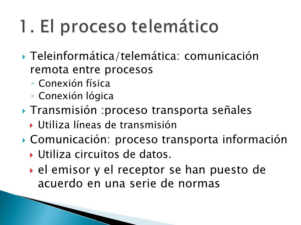 1. El proceso telemático Teleinformática/telemática: comunicación remota entre procesos. Conexión física.