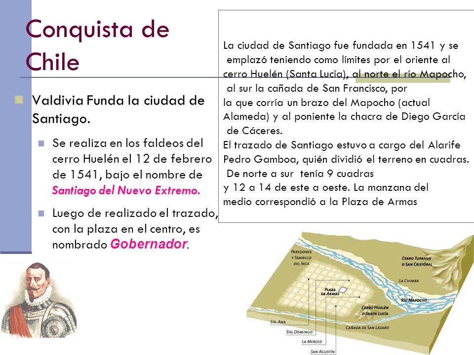 Conquista de Chile Valdivia Funda la ciudad de Santiago.