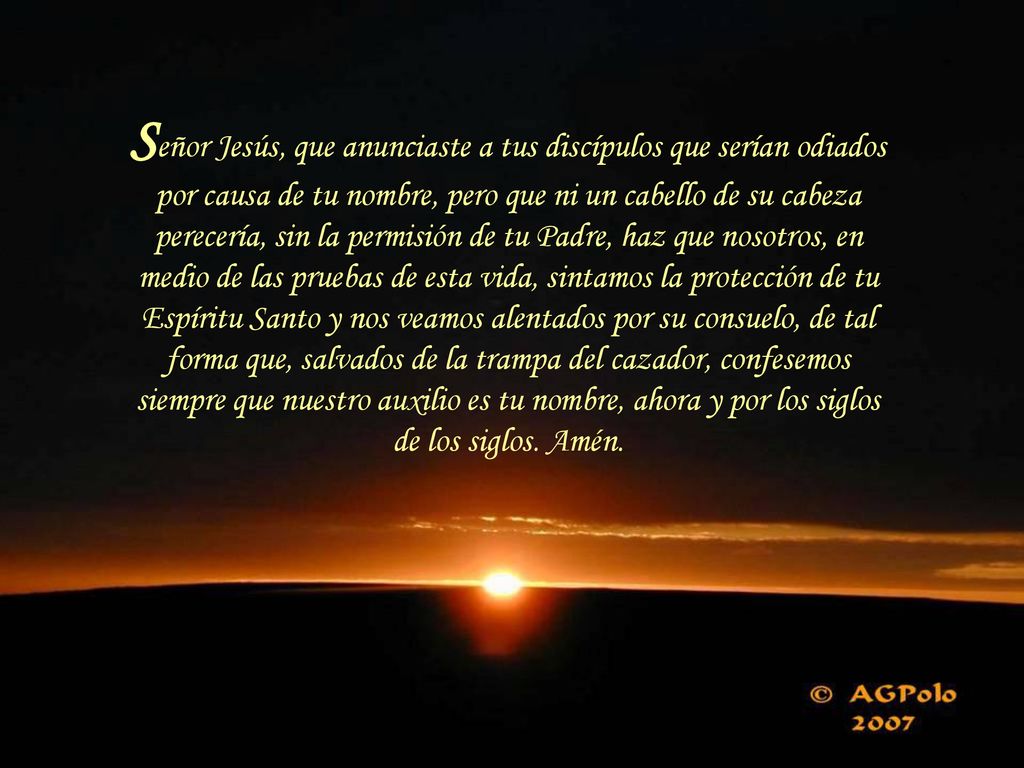 Señor Jesús, que anunciaste a tus discípulos que serían odiados por causa de tu nombre, pero que ni un cabello de su cabeza perecería, sin la permisión de tu Padre, haz que nosotros, en medio de las pruebas de esta vida, sintamos la protección de tu Espíritu Santo y nos veamos alentados por su consuelo, de tal forma que, salvados de la trampa del cazador, confesemos siempre que nuestro auxilio es tu nombre, ahora y por los siglos de los siglos.