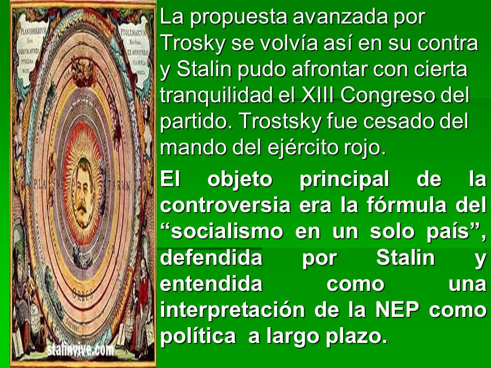 La propuesta avanzada por Trosky se volvía así en su contra y Stalin pudo afrontar con cierta tranquilidad el XIII Congreso del partido. Trostsky fue cesado del mando del ejército rojo.