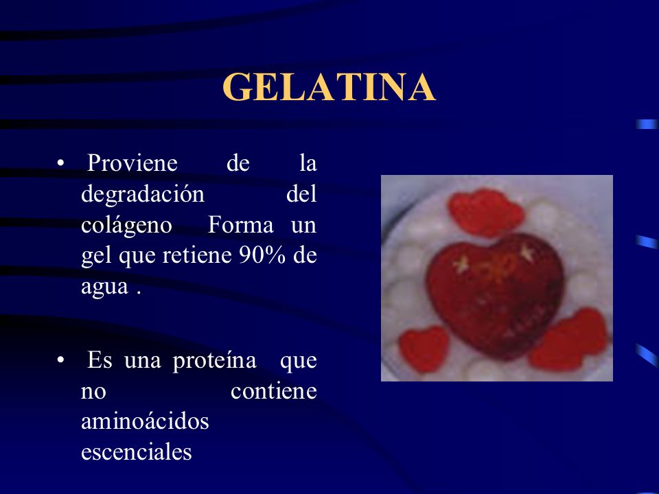 GELATINA Proviene de la degradación del colágeno Forma un gel que retiene 90% de agua .