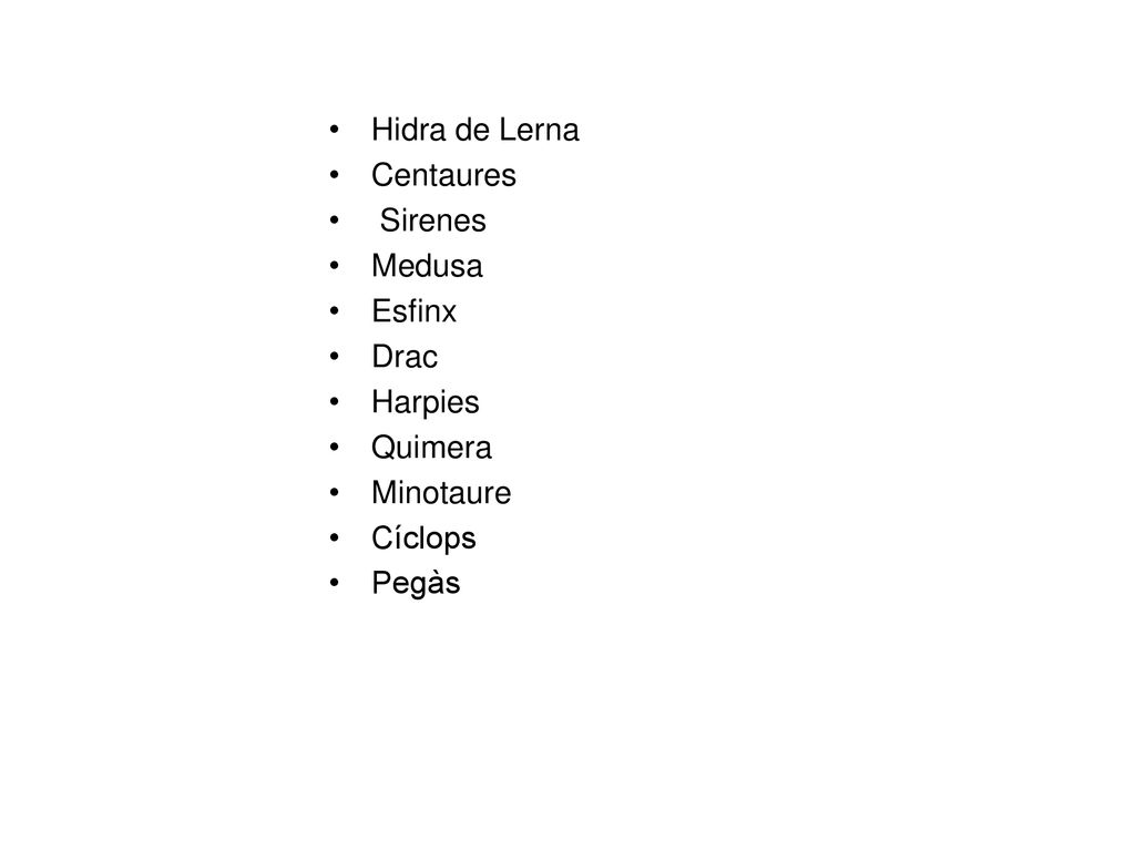 Hidra de Lerna Centaures Sirenes Medusa Esfinx Drac Harpies Quimera Minotaure Cíclops Pegàs