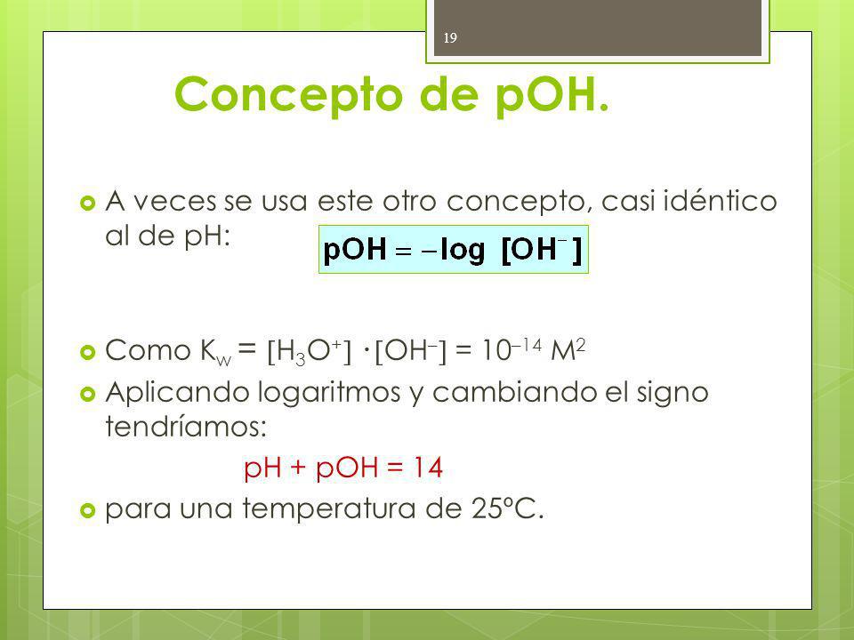 Concepto de pOH. A veces se usa este otro concepto, casi idéntico al de pH: Como Kw = H3O+ · OH– = 10–14 M2.