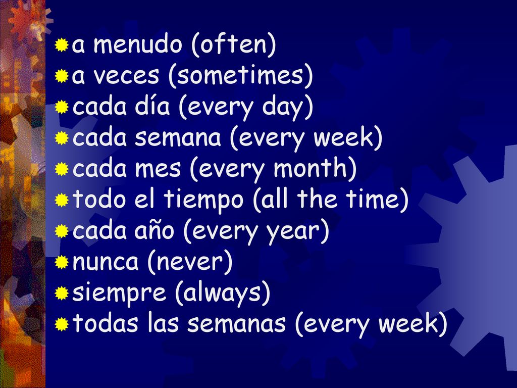 a menudo (often) a veces (sometimes) cada día (every day) cada semana (every week) cada mes (every month)
