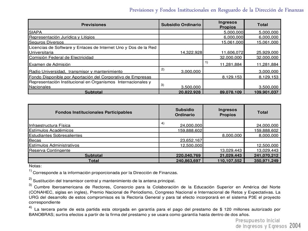 Previsiones y Fondos Institucionales en Resguardo de la Dirección de Finanzas