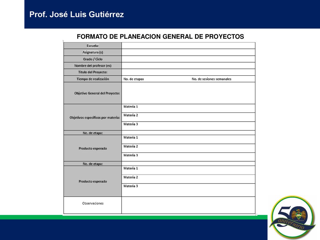 Prof. José Luis Gutiérrez FORMATO DE PLANEACION GENERAL DE PROYECTOS