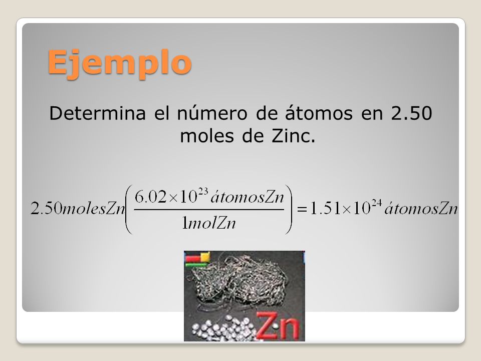 Determina el número de átomos en 2.50 moles de Zinc.
