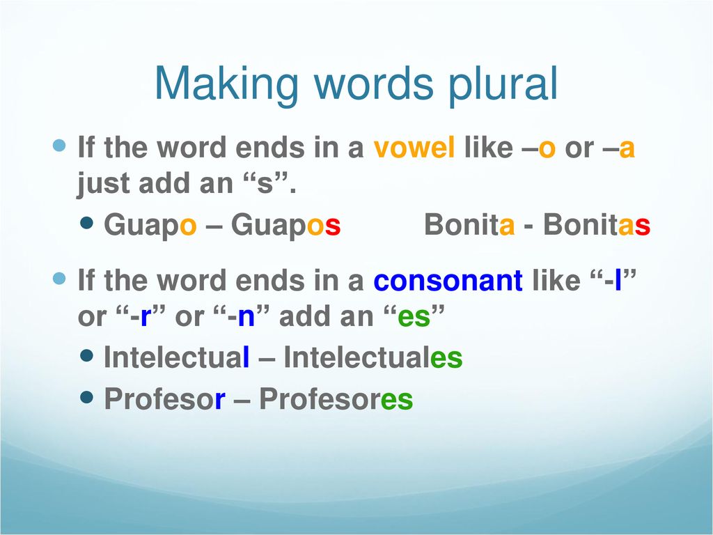 Making words plural If the word ends in a vowel like –o or –a just add an s . Guapo – Guapos Bonita - Bonitas.