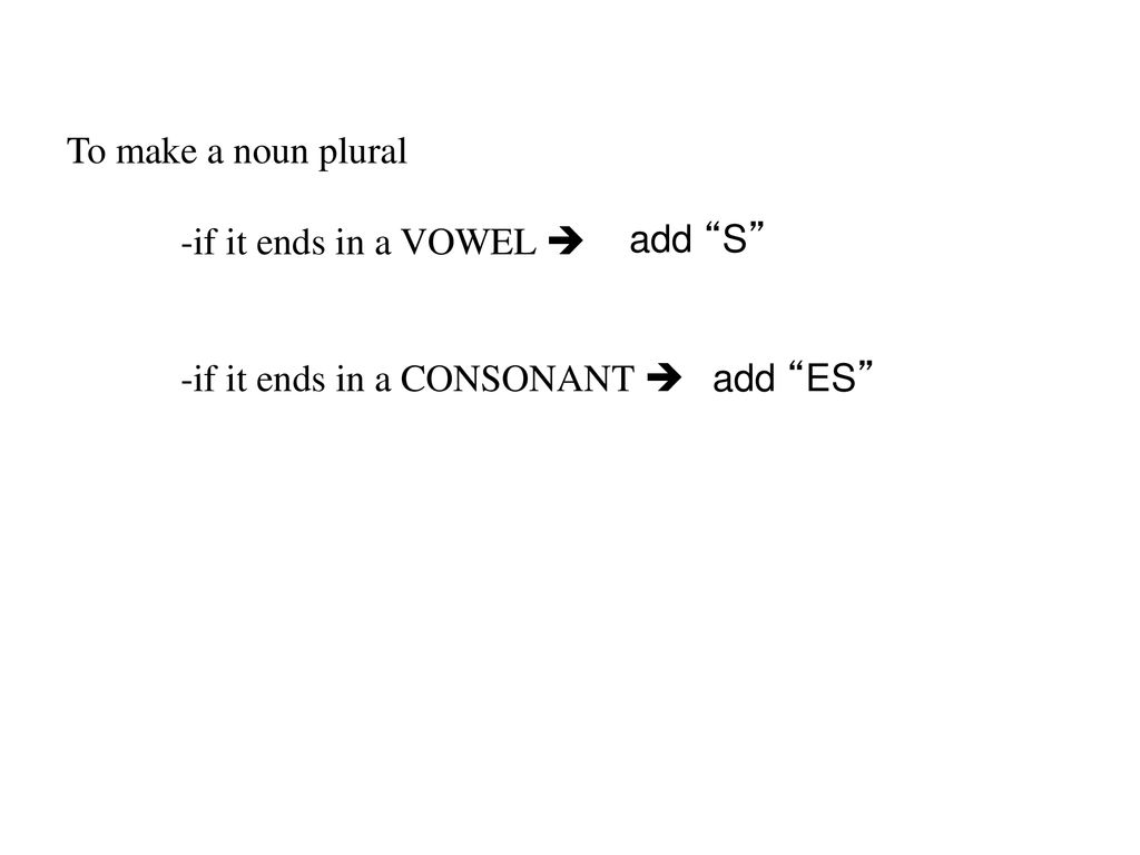To make a noun plural -if it ends in a VOWEL  -if it ends in a CONSONANT  add S add ES