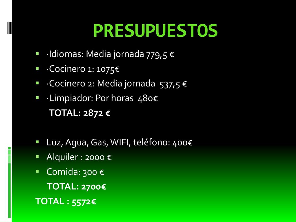 PRESUPUESTOS ·Idiomas: Media jornada 779,5 € ·Cocinero 1: 1075€