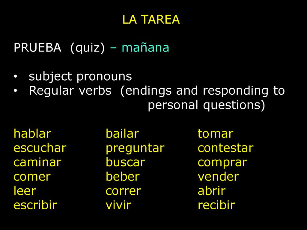 LA TAREA PRUEBA (quiz) – mañana. subject pronouns. Regular verbs (endings and responding to personal questions)
