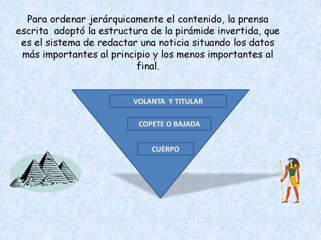 Para ordenar jerárquicamente el contenido, la prensa escrita adoptó la estructura de la pirámide invertida, que es el sistema de redactar una noticia situando los datos más importantes al principio y los menos importantes al final.