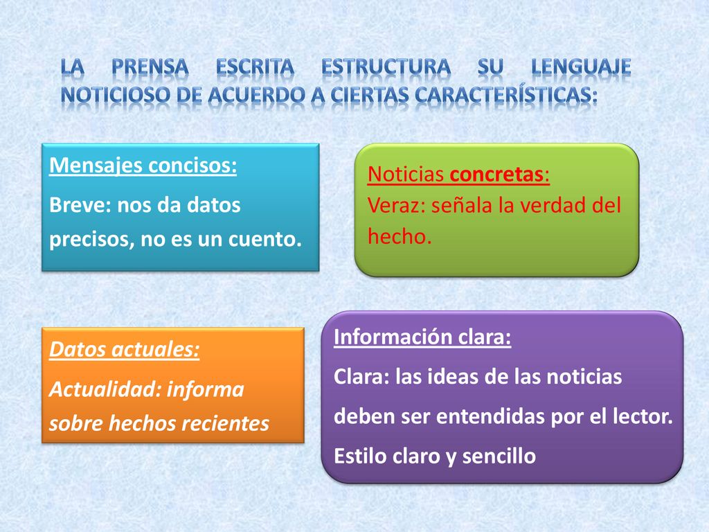 La prensa escrita estructura su lenguaje noticioso de acuerdo a ciertas características: