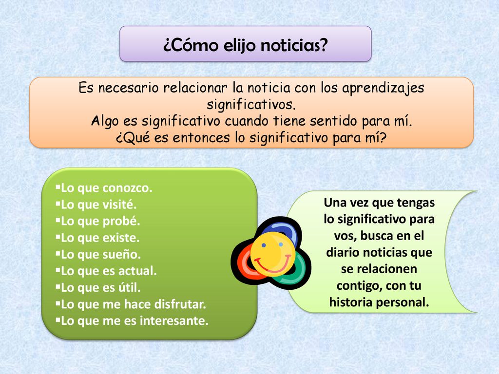 ¿Cómo elijo noticias Es necesario relacionar la noticia con los aprendizajes significativos. Algo es significativo cuando tiene sentido para mí.