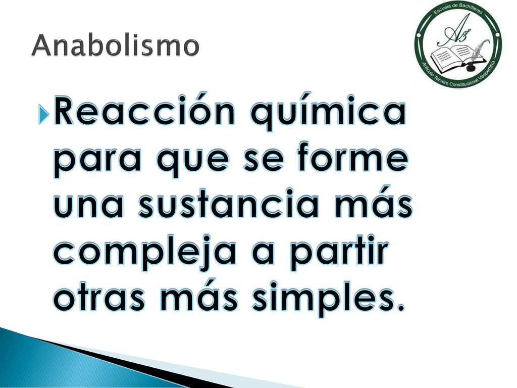 Anabolismo Reacción química para que se forme una sustancia más compleja a partir otras más simples.