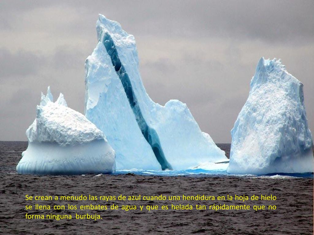 Se crean a menudo las rayas de azul cuando una hendidura en la hoja de hielo se llena con los embates de agua y que es helada tan rápidamente que no forma ninguna burbuja.