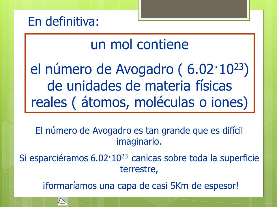 En definitiva: un mol contiene. el número de Avogadro ( 6.02·1023) de unidades de materia físicas reales ( átomos, moléculas o iones)