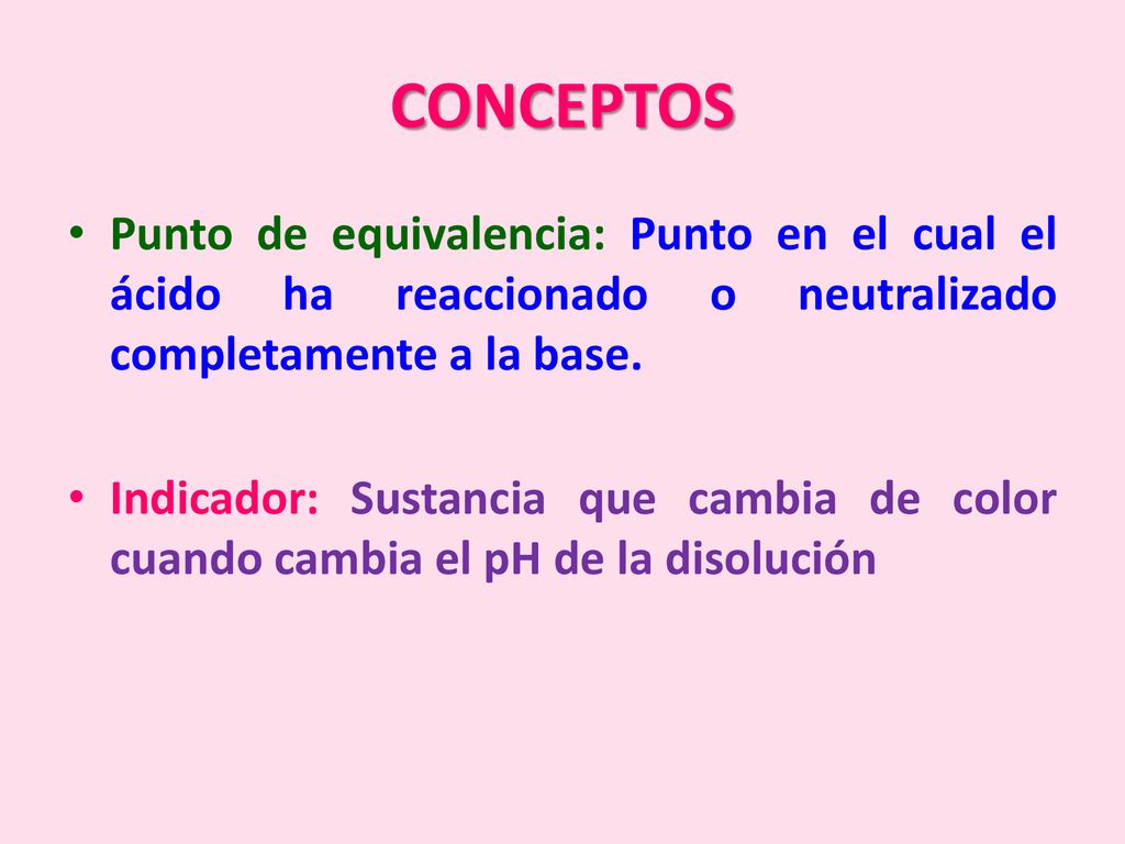 CONCEPTOS Punto de equivalencia: Punto en el cual el ácido ha reaccionado o neutralizado completamente a la base.