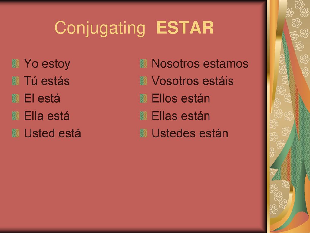 Conjugating ESTAR Yo estoy Tú estás El está Ella está Usted está