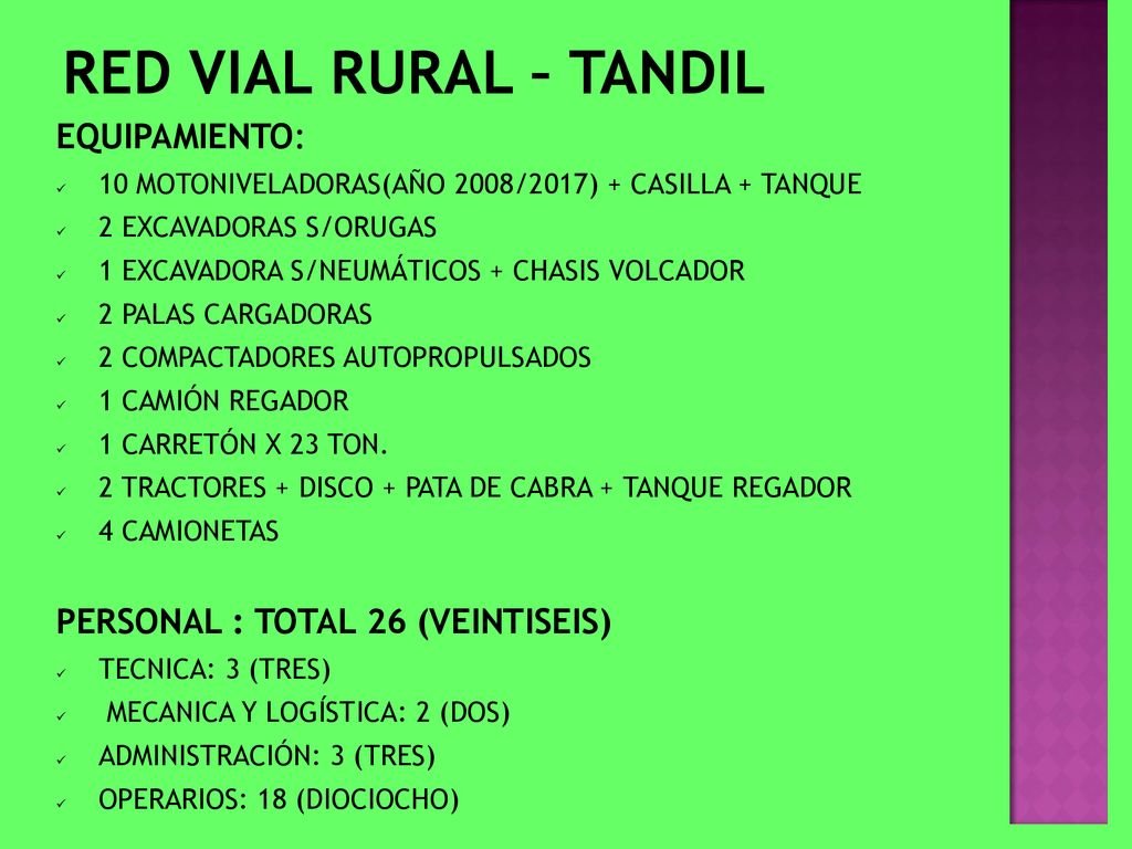 RED VIAL RURAL – TANDIL EQUIPAMIENTO: PERSONAL : TOTAL 26 (VEINTISEIS)