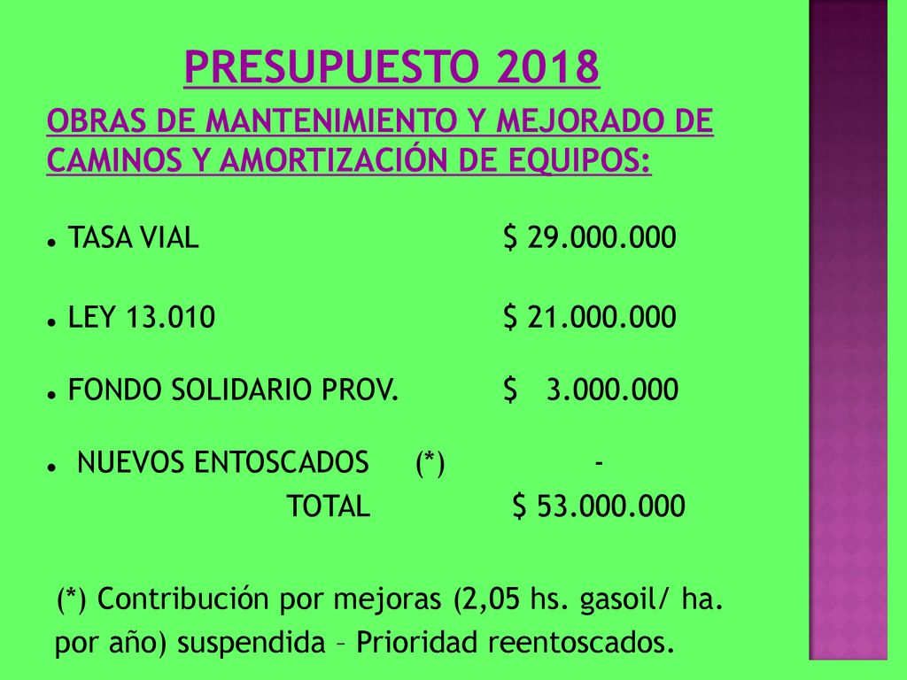 PRESUPUESTO 2018 OBRAS DE MANTENIMIENTO Y MEJORADO DE CAMINOS Y AMORTIZACIÓN DE EQUIPOS: TASA VIAL $