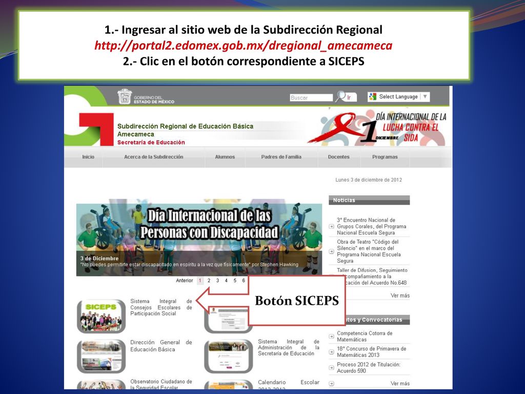 1. - Ingresar al sitio web de la Subdirección Regional