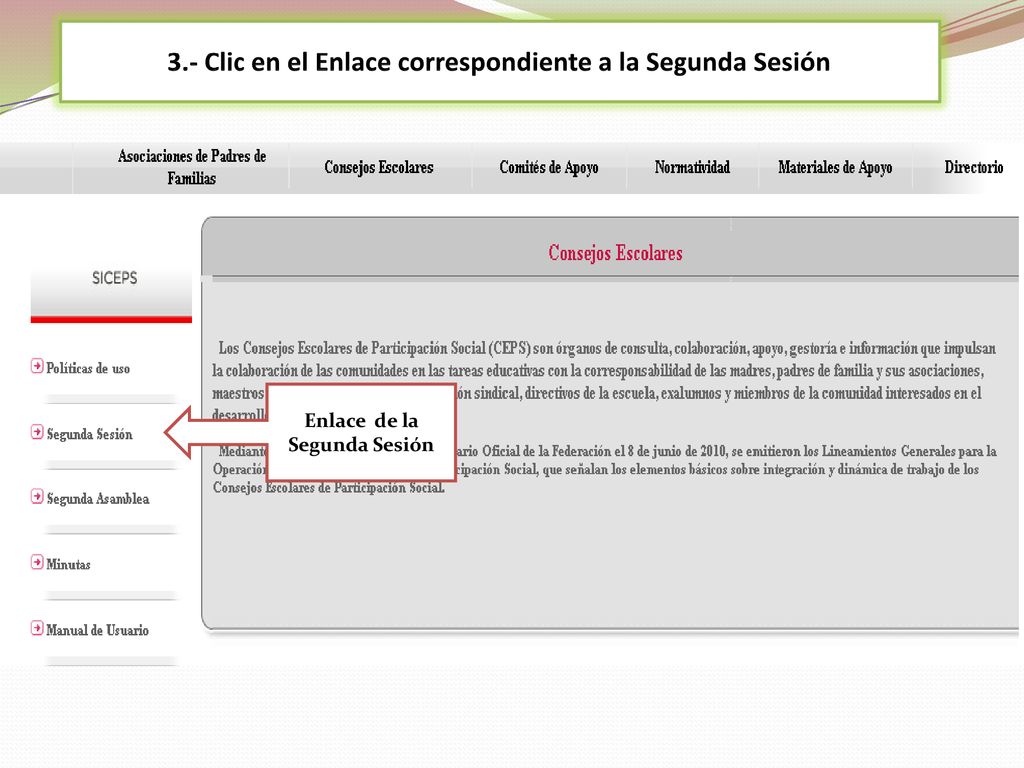 3.- Clic en el Enlace correspondiente a la Segunda Sesión