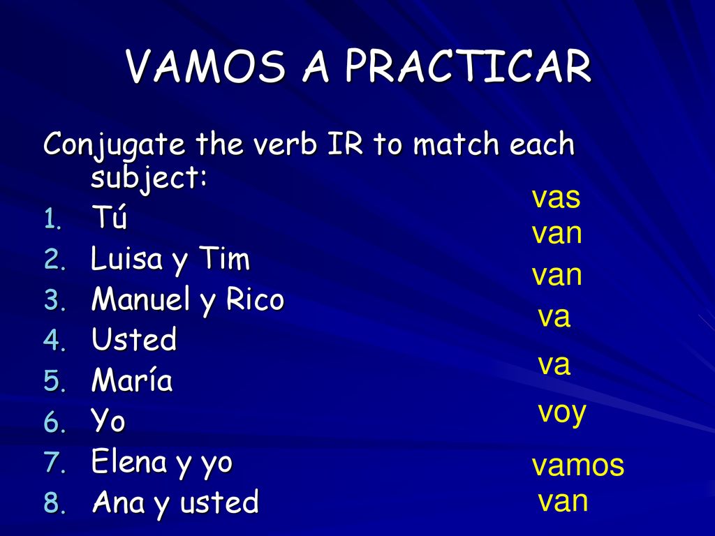 VAMOS A PRACTICAR vas van van va va voy vamos van