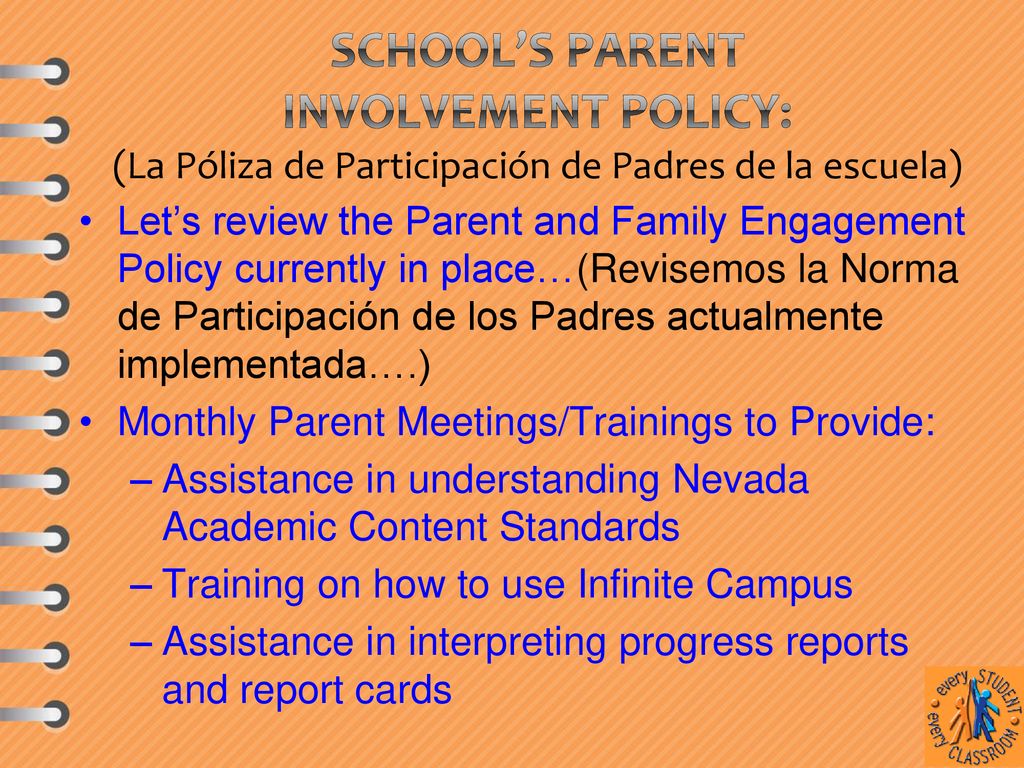 School’s Parent Involvement Policy: (La Póliza de Participación de Padres de la escuela)