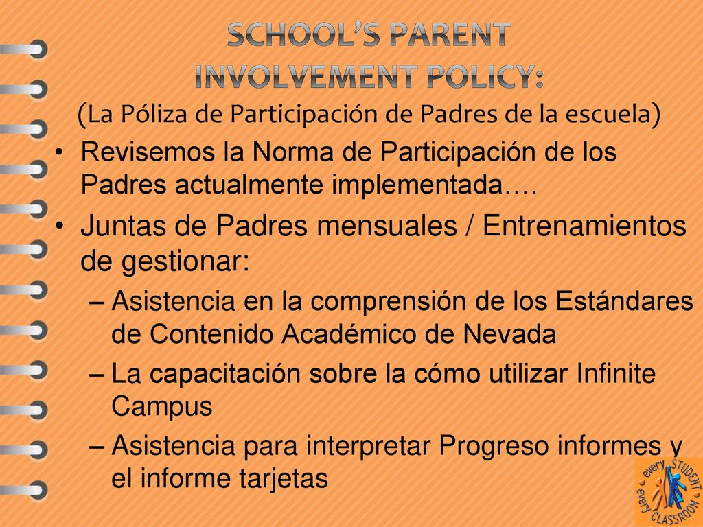 School’s Parent Involvement Policy: (La Póliza de Participación de Padres de la escuela)