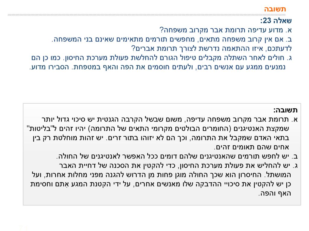 תשובה שאלה 23: א. מדוע עדיפה תרומת אבר מקרוב משפחה ב. אם אין קרוב משפחה מתאים, מחפשים תורמים מתאימים שאינם בני המשפחה.