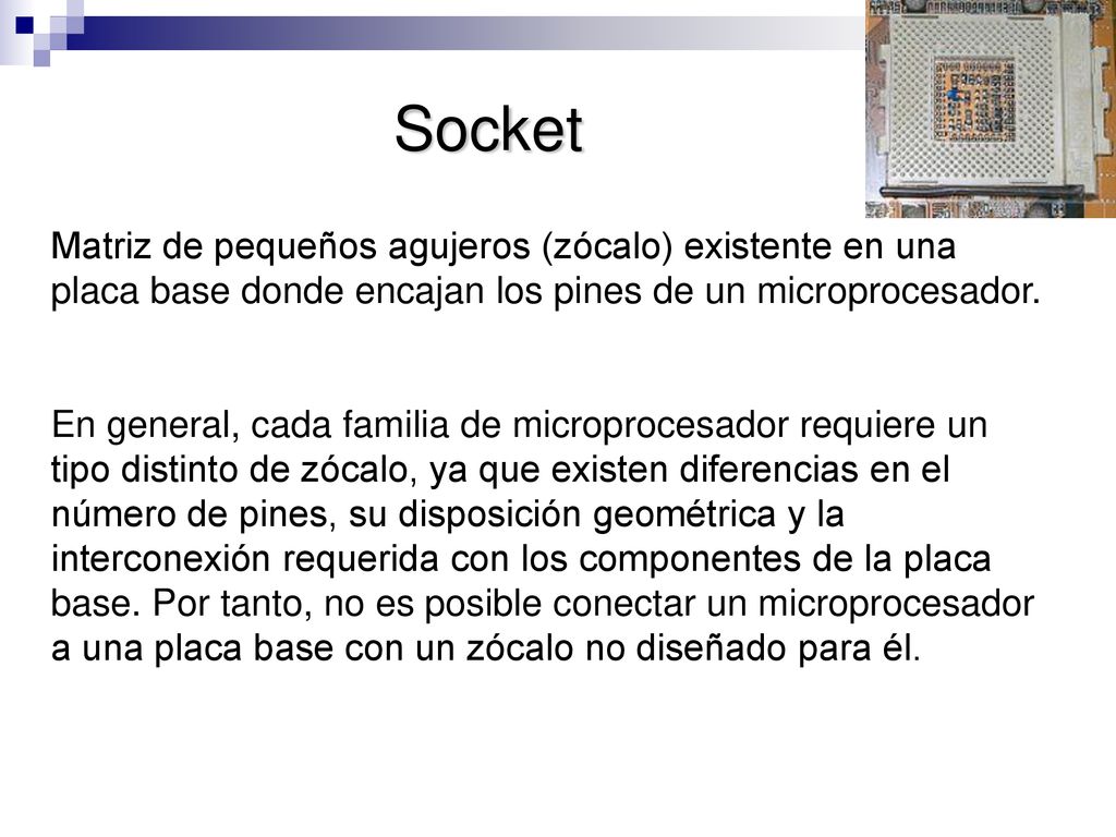 Socket Matriz de pequeños agujeros (zócalo) existente en una placa base donde encajan los pines de un microprocesador.