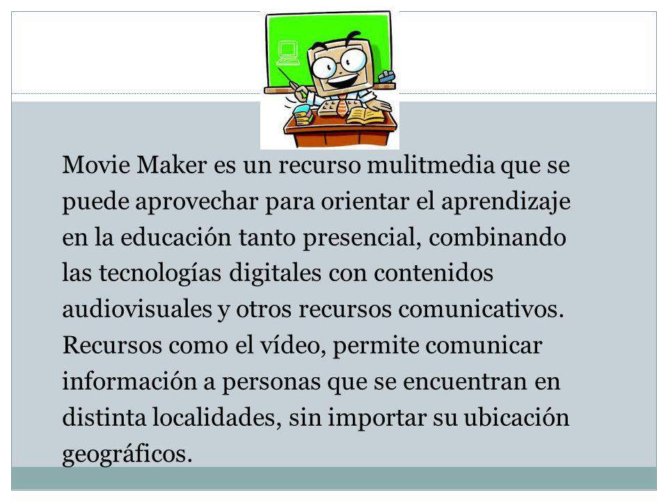 Movie Maker es un recurso mulitmedia que se puede aprovechar para orientar el aprendizaje en la educación tanto presencial, combinando las tecnologías digitales con contenidos audiovisuales y otros recursos comunicativos.