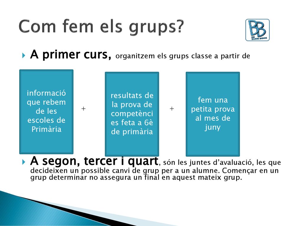 Com fem els grups A primer curs, organitzem els grups classe a partir de. + +
