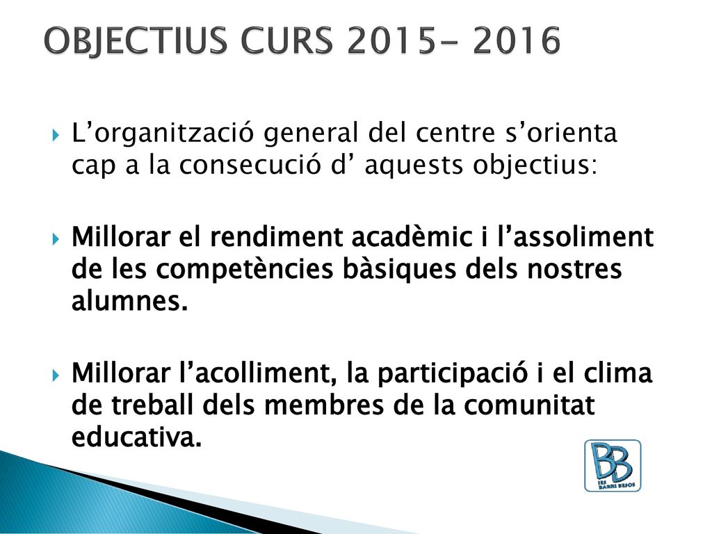 OBJECTIUS CURS L’organització general del centre s’orienta cap a la consecució d’ aquests objectius: