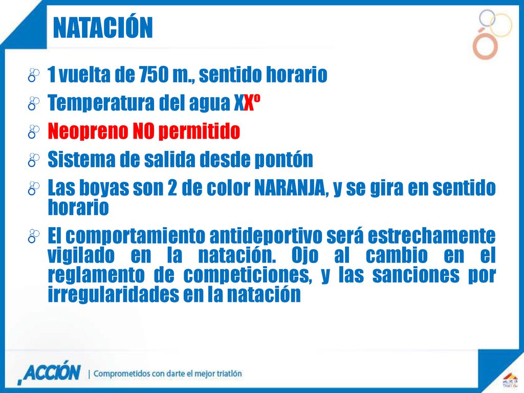natación 1 vuelta de 750 m., sentido horario Temperatura del agua XXº
