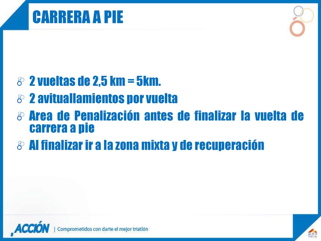 Carrera a pie 2 vueltas de 2,5 km = 5km. 2 avituallamientos por vuelta