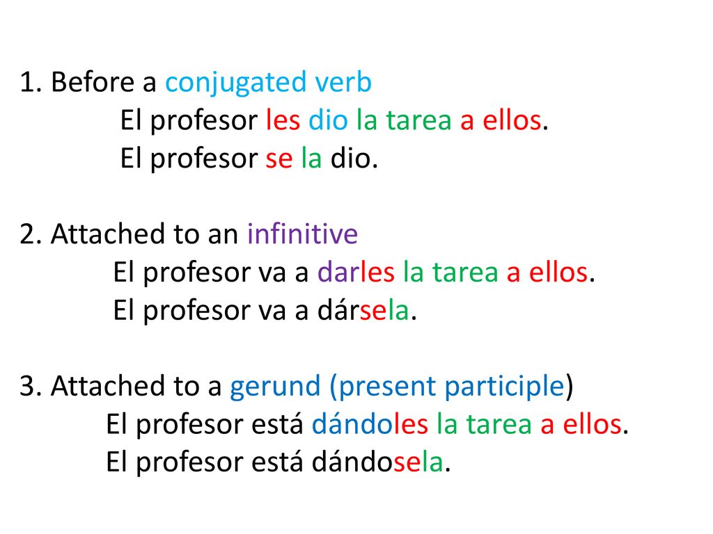 1. Before a conjugated verb El profesor les dio la tarea a ellos