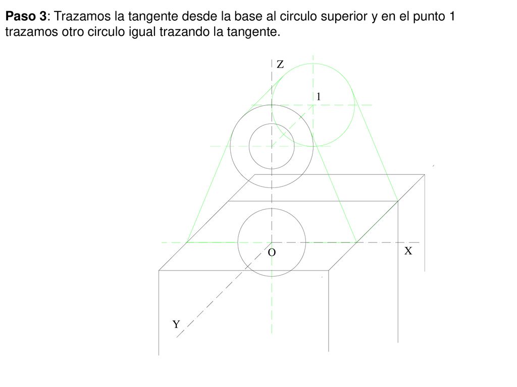 Paso 3: Trazamos la tangente desde la base al circulo superior y en el punto 1 trazamos otro circulo igual trazando la tangente.
