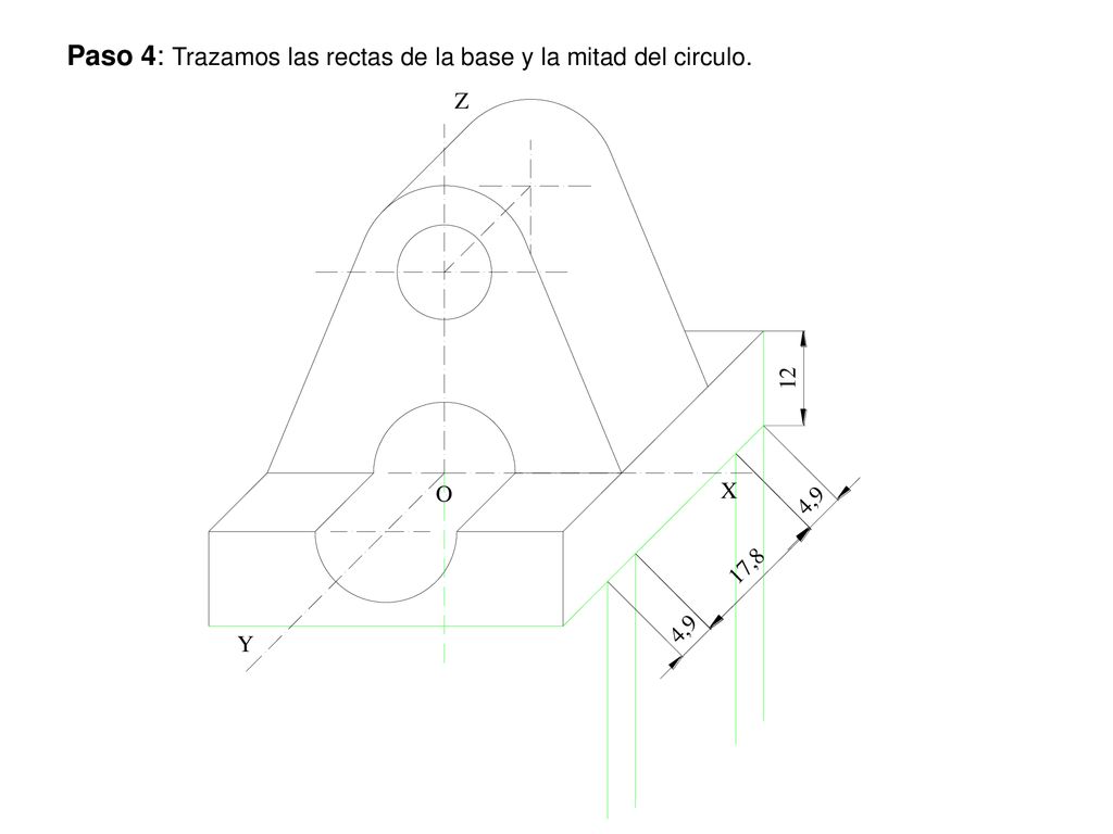 Paso 4: Trazamos las rectas de la base y la mitad del circulo.
