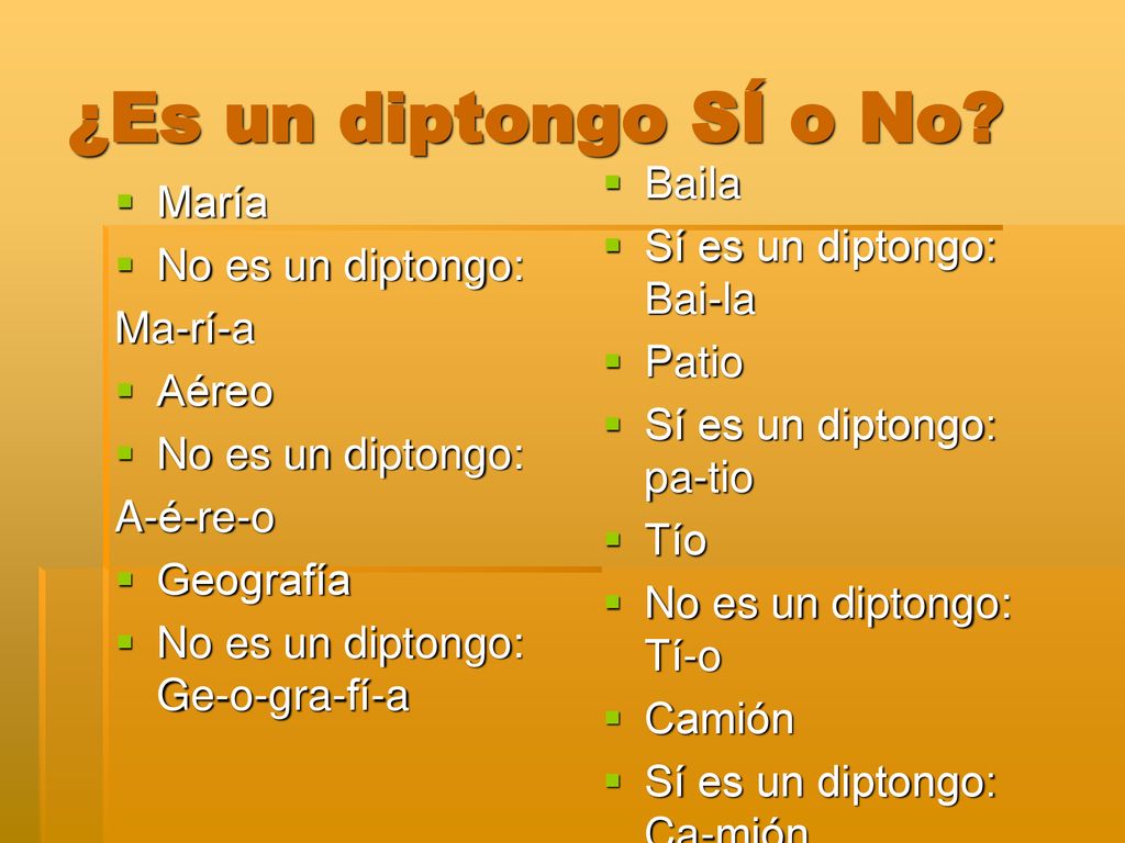 ¿Es un diptongo SÍ o No Baila María Sí es un diptongo: Bai-la